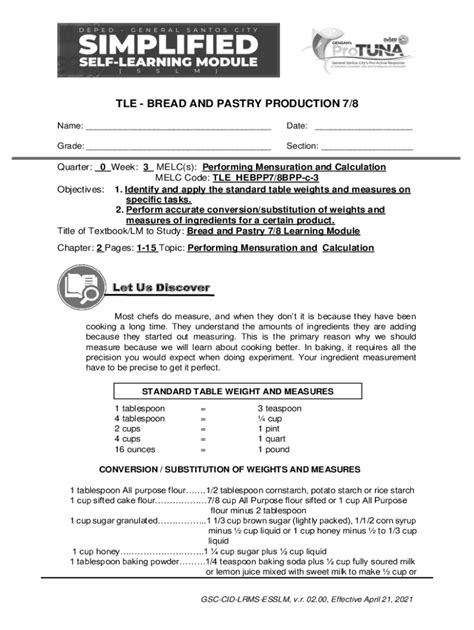 Fillable Online Tle Bread And Pastry Production 7 8 Let Us Discover Fax Email Print Pdffiller