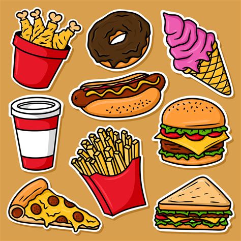 Sticker Set Fastfood Cartoon Vector Vectorkunst Bij Vecteezy