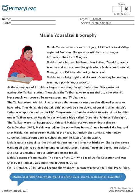 Biography Malala Yousafzai English Esl Worksheets Pdf Doc