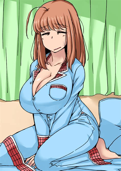 Rule 34 1girls Ahoge Bed Bedroom Breasts Brown Hair Cleavage Closed