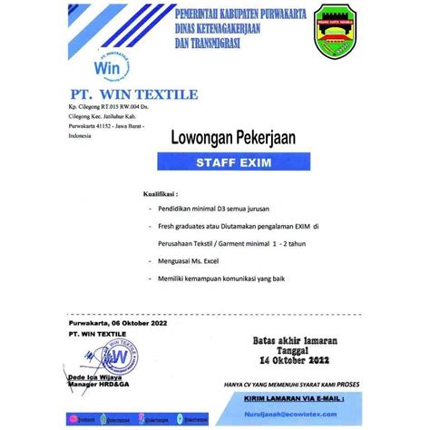 Loker PT Win Textile Purwakarta 2022 LOKER SUBANG ID