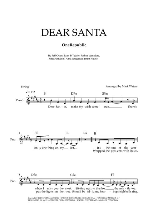 Dear Santa Arr Mark Waters By One Republic Sheet Music For Lead