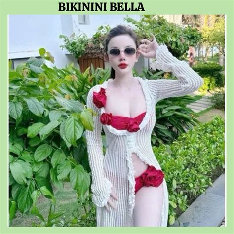 hỏa tốc HCM Bikini Mảnh Đính Hoa Hoa Đỏ Quyến Rũ Kèm Áo Khoác Len Dáng Dài Có Mút Đệm BELLA