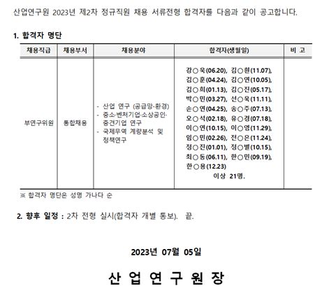 2023년 제2차 정규직 채용 1차 전형서류심사 합격자 공고 Kiet 산업연구원 소통 공지사항 공지사항