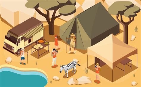 Free Vector Safari Tourist Background With Camp And Food Truck