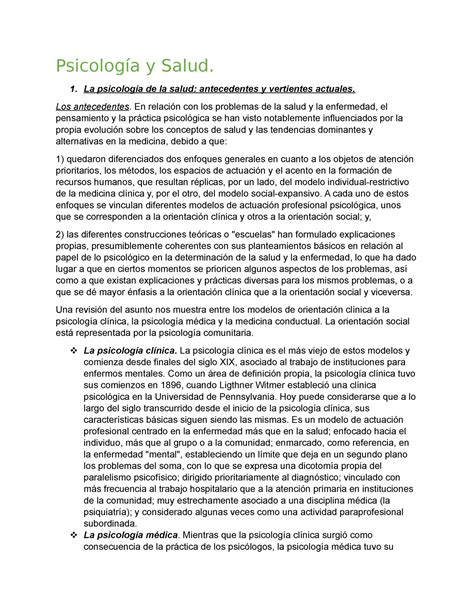 Psicología Y Salud Apuntes Psicología Y Salud La Psicología De La Salud Antecedentes Y