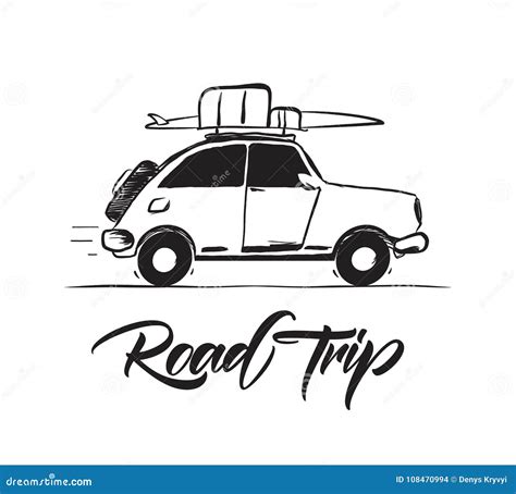 Vector Illustration Hand Drawn Travel Retro Car With Baggage And