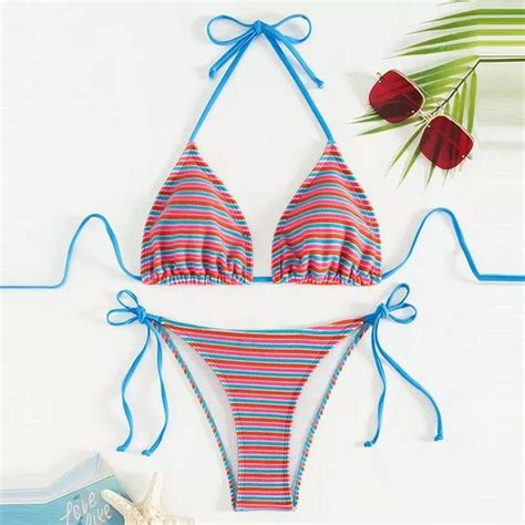 Bikini Femme Deux Pi Ces Sgambato Lani Res Rouge Bleu Rayures L Gant Ad E Ebay