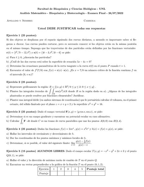 AM Final 26 julio Exámen de Análisis Matemático Facultad de Bioqu
