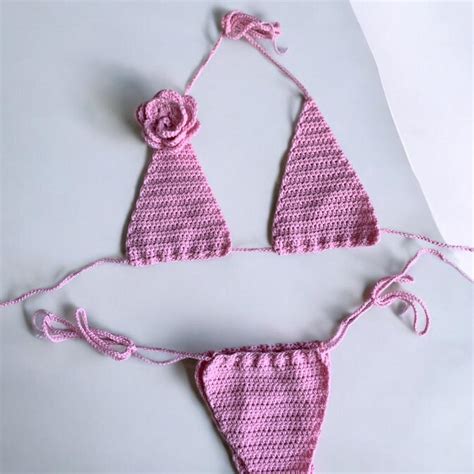 Pink Triangle Crochet Bikini Set With Rose Depop