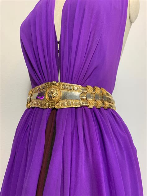 1970s Bill Blass Color Blocked Purple Silk Chiffon Goddess Gown W