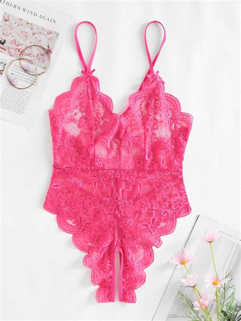 Sheer Scalloped Lace Criss Cross Crotchless Lingerie Teddy In LIGHT