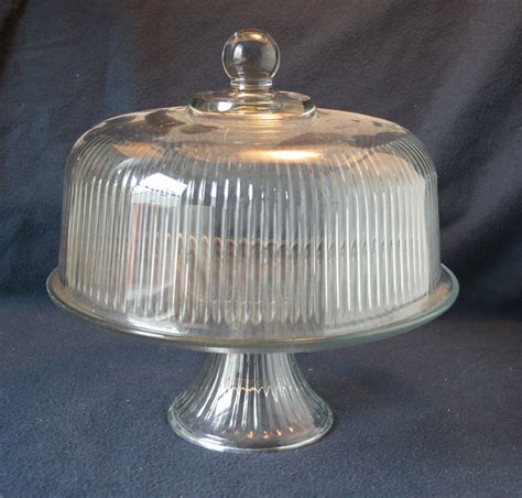 Glass Dome Covered Pedestal Pastry Cake Plate Stand Vintage 11 Diam 12