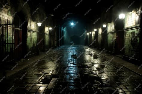 Premium AI Image | a dark alleyway at night with a light shining on it