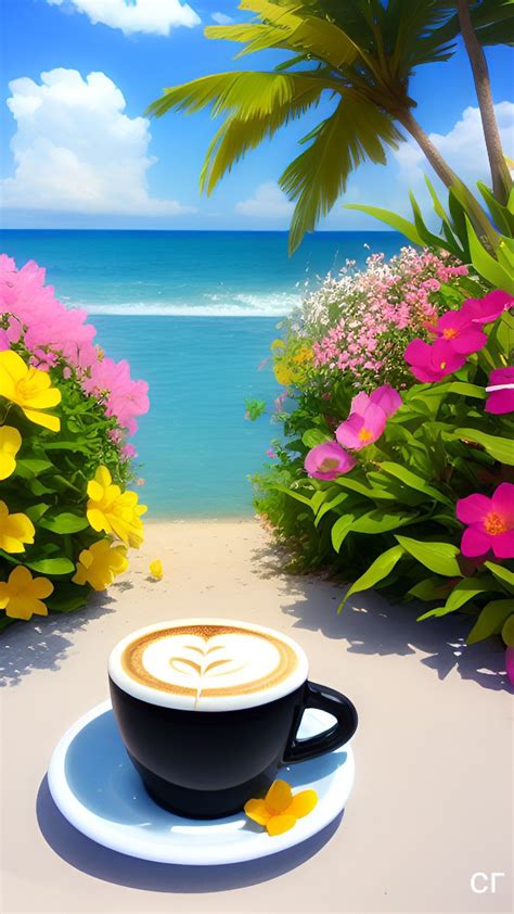 A Cup Of Coffee Sitting On Top Of A Saucer Next To Flowers And The Ocean