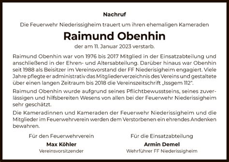 Traueranzeigen Von Raimund Obenhin Trauer Op Online De