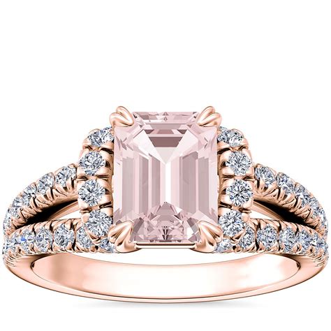 Split Semi Halo Diamond Engagement Ring With Emerald Cut Morganite In