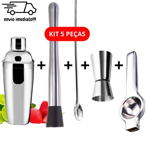 Kit Coqueteleira Inox 500 ml 5 peças Socador Colher Bailarina Dosador