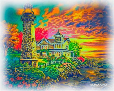 A Painting Of A Lighthouse On The Shore With Clouds In The Sky And