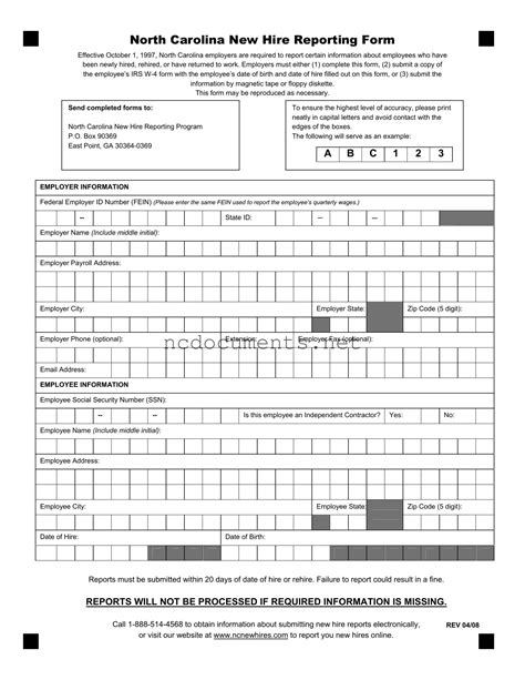 Printable North Carolina Reporting Template in PDF - NC Documents