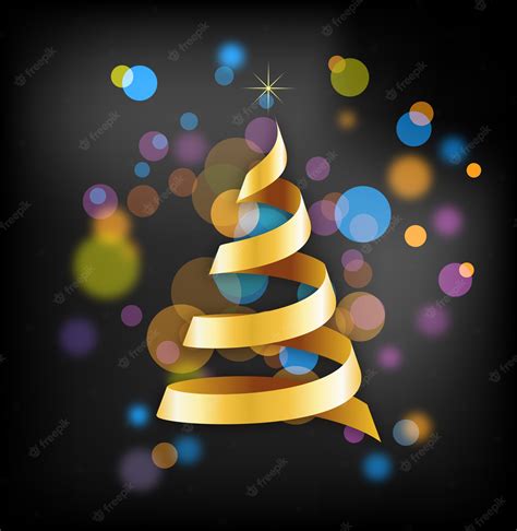 Premium Vector Golden Ribbon Christmas Tree On A Disco Background