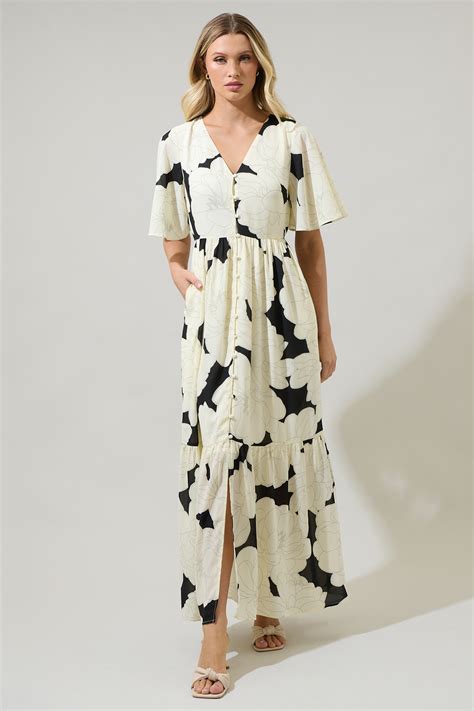 Quinsy Floral Pismo Button Down Flutter Maxi Dress Sugarlips