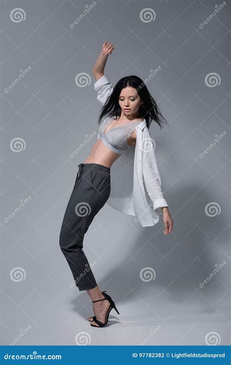 Beautiful Brunette Model Posing In Lace Bra And White Shirt Stock Photo Image Of Elegance