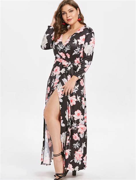 Wipalo Women Plus Size Floral Maxi Long Dress Full Sleeve Belt Bowknot