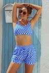 Blue White Square Lattice Square Neck Wide Straps Sporty Bikini Top And High Waist Boy Shorts