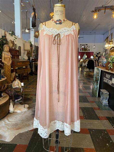 1960s Nude Chiffon Nightgown 60s Sexy Nightie Vintage Lingerie Sheer Nylon Knee Length Mrs
