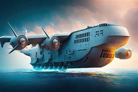 Premium Photo Concept Futuristic Cargo Plane Of Future With Glowing Engines Flying Over Sea