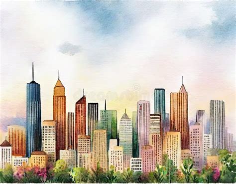 Watercolor of a City Skyline with Many Tall Buildings Stock ...