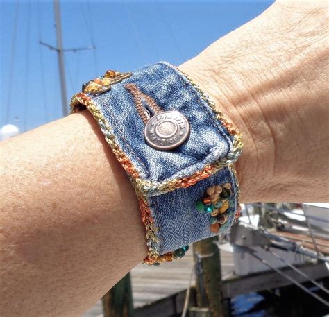 Up Cycled Denim Bracelet Made From The Waist Band Used The Original