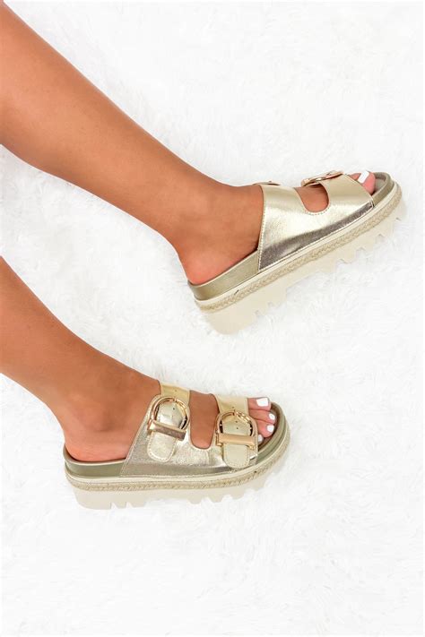 Boardwalk Strolls Double Strap Platform Sandals in Gold - Gold / 7 ...