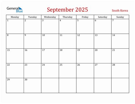September 2025 - South Korea Monthly Calendar with Holidays