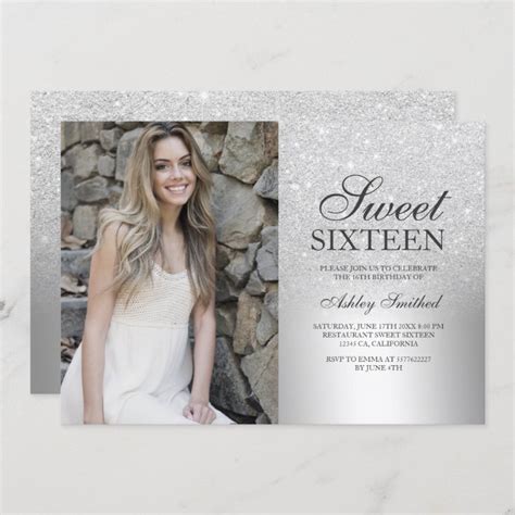 Silver Glitter Ombre Metallic Photo Sweet Invitation Zazzle