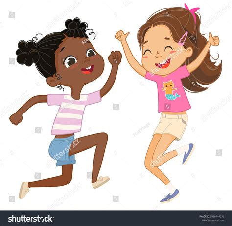 Two Girls Play Together Happily Jump Stock Vector Royalty Free