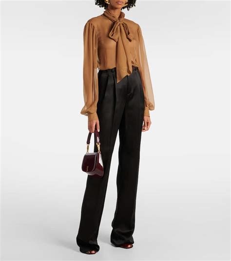 Saint Laurent Pussy Bow Silk Chiffon Blouse In Beige Modesens