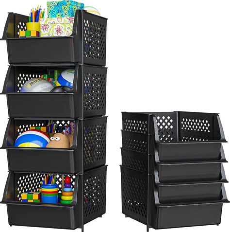 Buy Skywin Plastic Stackable Storage Bins For Pantry 4 Pack Black