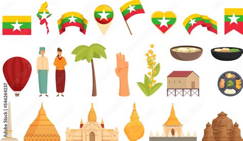 Myanmar Icons Set Cartoon Vector Burma Landmark Yangon Map Stock