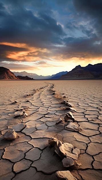 Uma paisagem desértica uma trilha de pedras em primeiro plano e