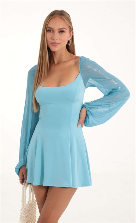 Mehi Glitter Mesh Puff Sleeve Dress In Blue Lucy In The Sky