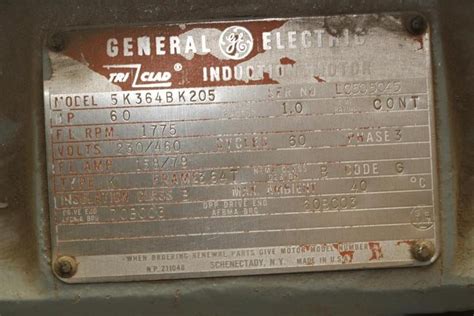 60 HP 1775 RPM General Electric Tri Clad Frame 364T TEFC 230 460