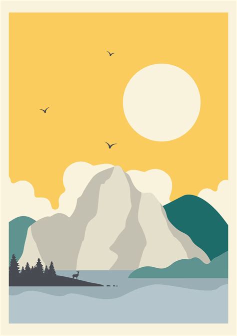 Minimalistic North America mountain landscape illustration poster. Mid century modern vector ...