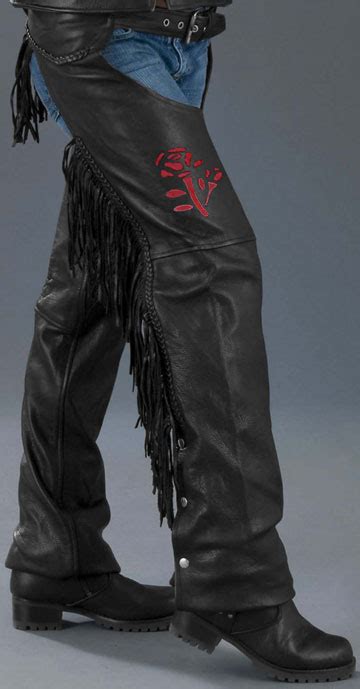 Red Rose Ladies Leather Chaps With Fringe And Braid