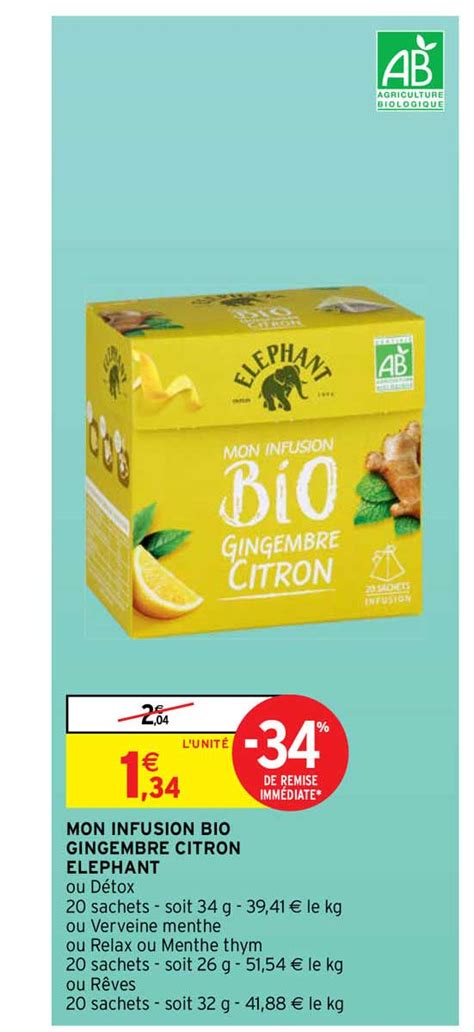 Promo Mon Infusion Bio Gingembre Citron éléphant chez Intermarché