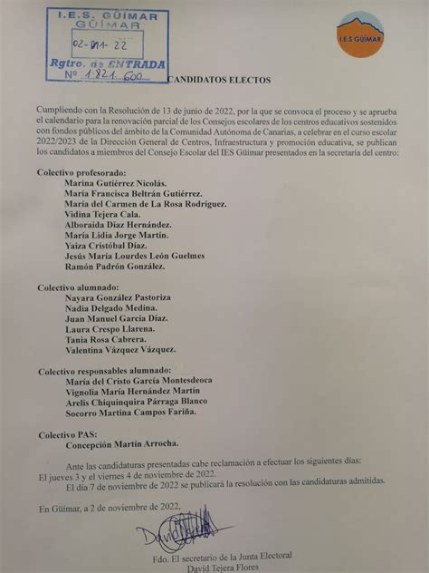 Candidatos electos al Consejo Escolar IES Güímar