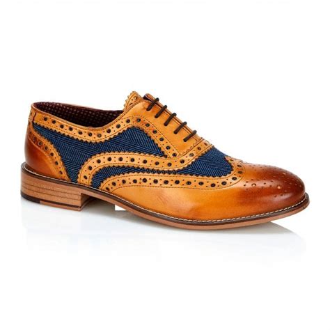 Mens Gatsby Tanblue Tweed Five Eyelet Brogue Stitched Sole Shoes