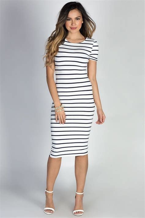 Jamie White Navy Striped Short Sleeve Bodycon T Shirt Midi Dress