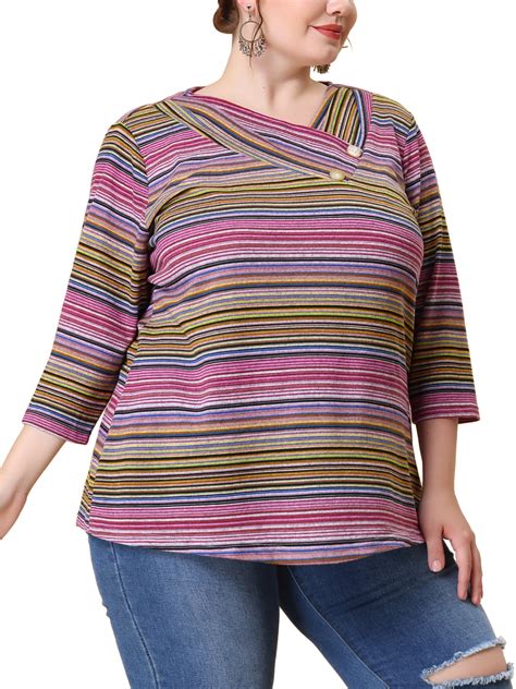 Agnes Orinda Womens Plus Size Stripe Knitted Boho 3 4 Sleeve V Neck